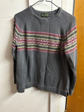 Eddie Bauer Charcoal Fair Isle Pullover with Pink and Yellow Stripes